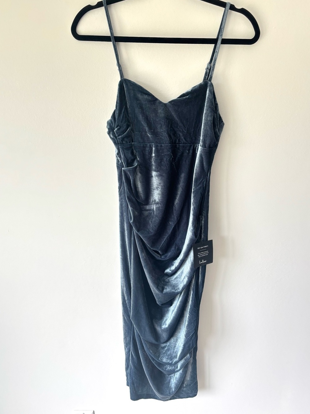 Lulus Plush Personality Slate Blue Velvet Ruched Bodycon Midi Dress Formal - Picture 4 of 13